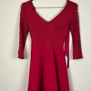 NWT B. Darlin Red A-Line Lace 3/4 Sleeves V Neck Party Dress; Size 1/2